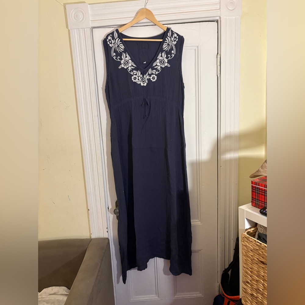 Johnny Was Blue Sleeveless Dress with White Floral Embroidery